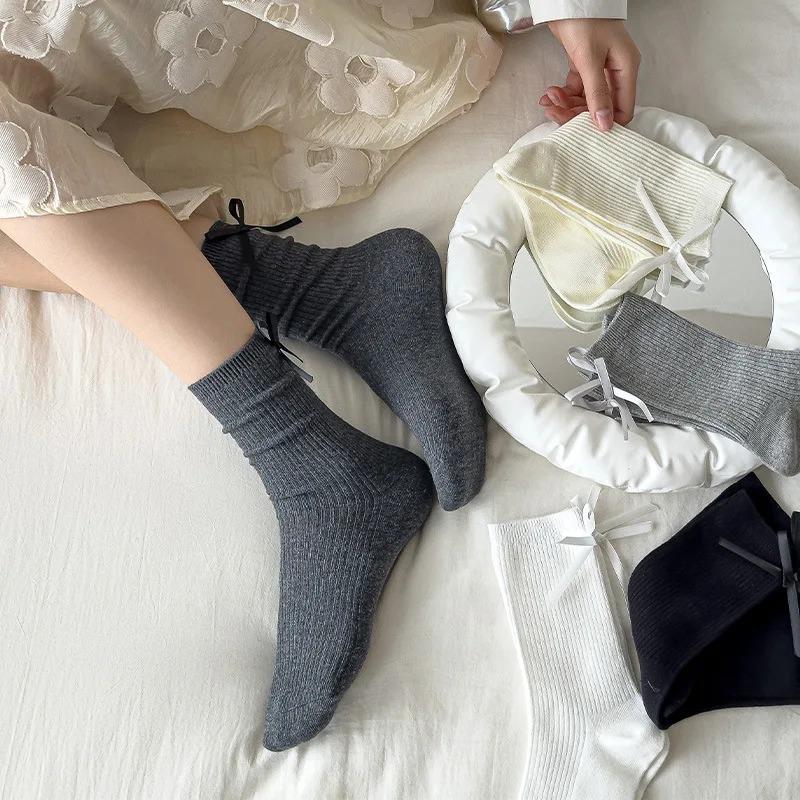 Японские носки JK Sweet Bowknot Tied Medium Tube Socks для женщин, носки с бантом на пятке, повседневные, черно-белые, ворсовые, спортивные, хлопковые носки для девочек