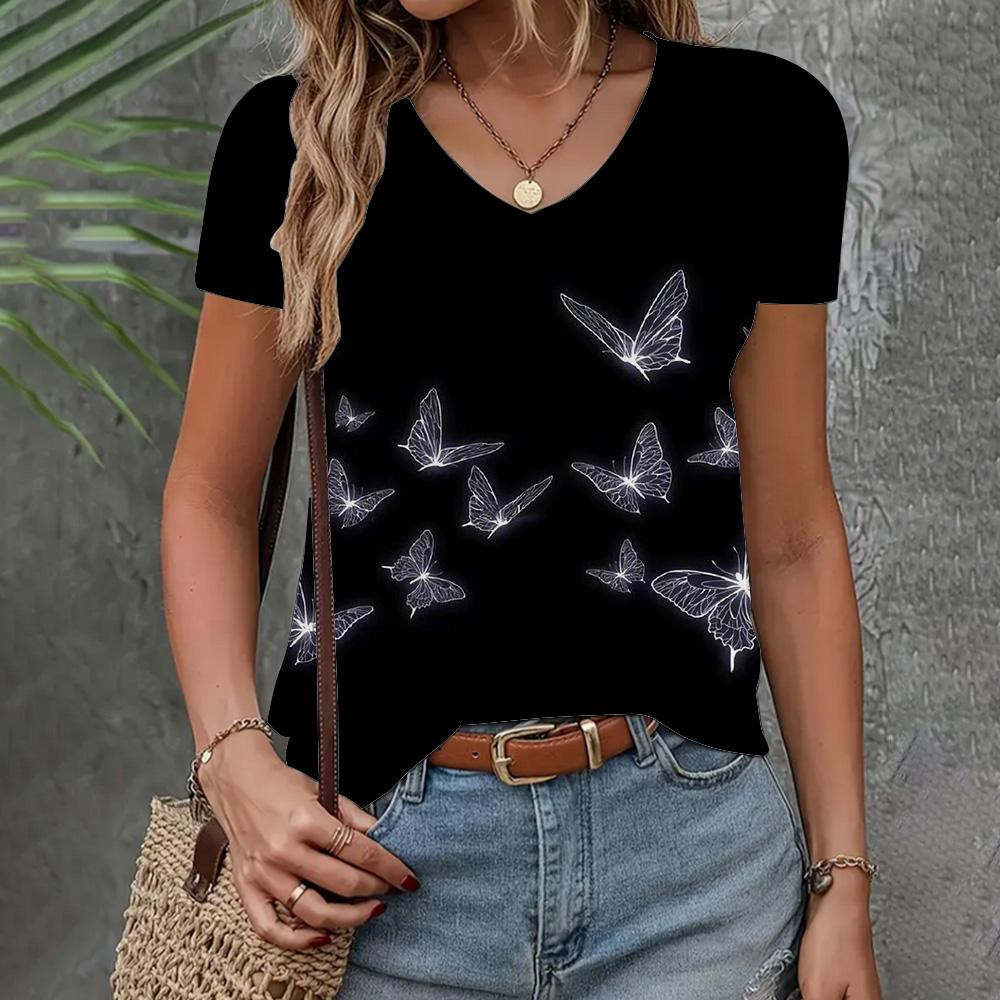 Summer V-neck 3D Butterfly Printed Top Fashionable Casual Short Sleeved Women's T-shirt