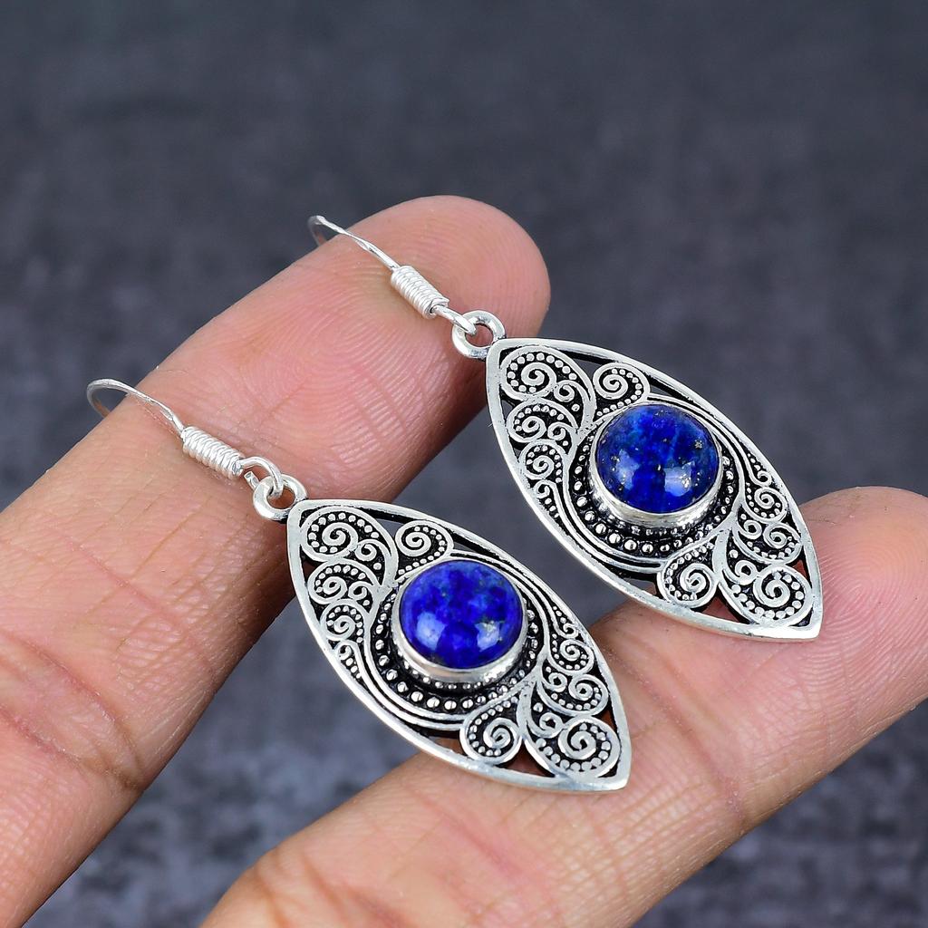Natural Lapis Lazuli Gemstone 925 Sterling Silver Jewelry Earring 1.97" J9J48