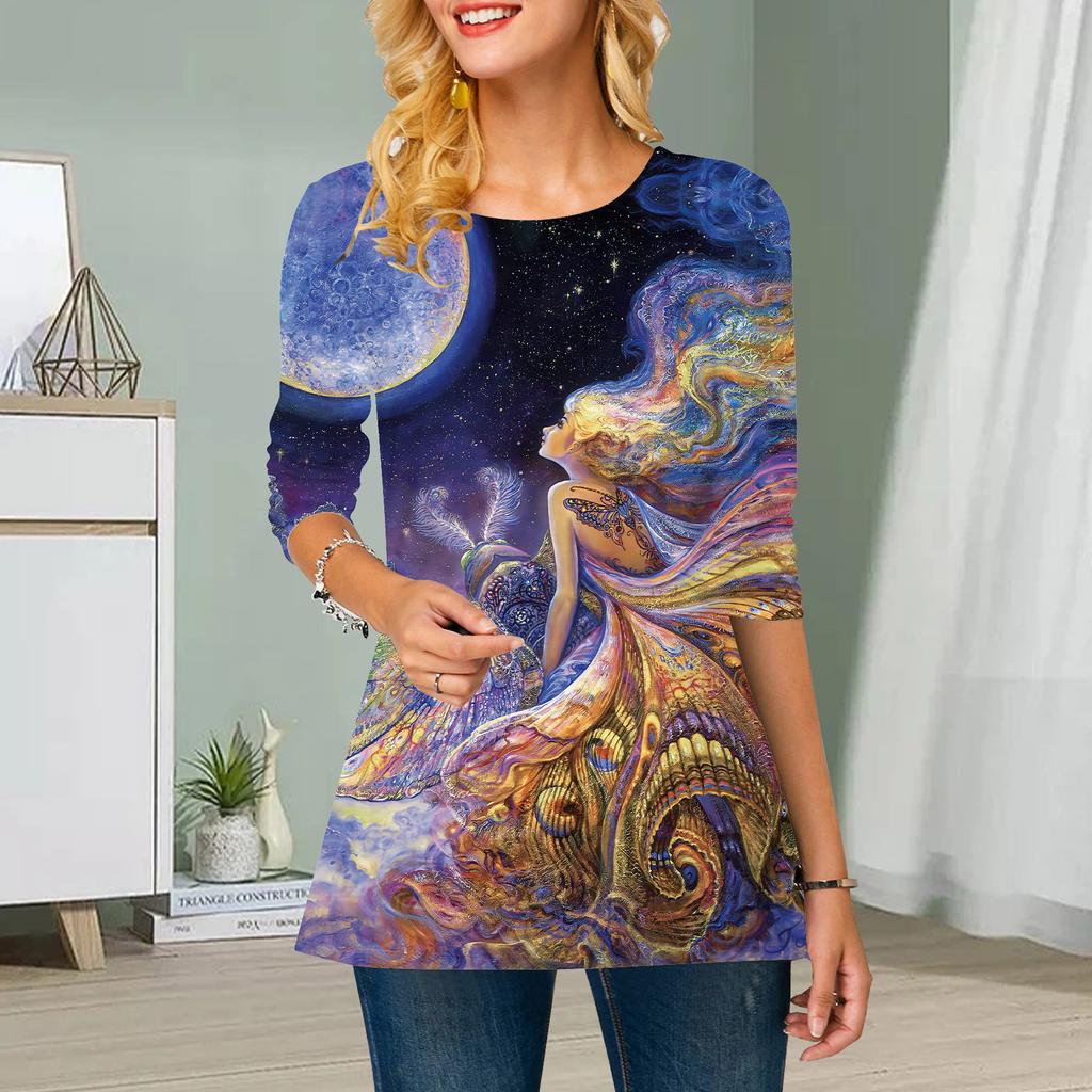 Plus Size Women Flower The Statue Print Round Neck Casual Loose Long Sleeve Top