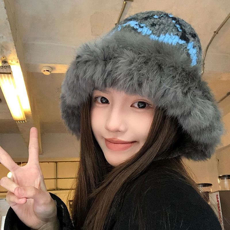 West Sichuan travel knitted ear protection rabbit hair hat women's season new warm face small wool bucket hat