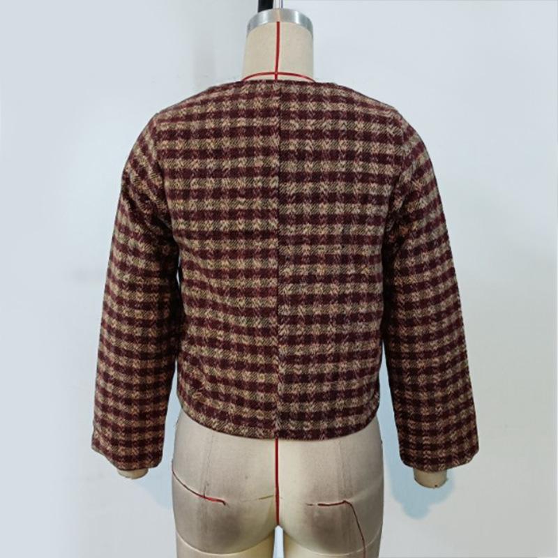 Осенняя женская короткая куртка с круглым вырезом и длинным рукавом в клетку с принтом, повседневная ветровка