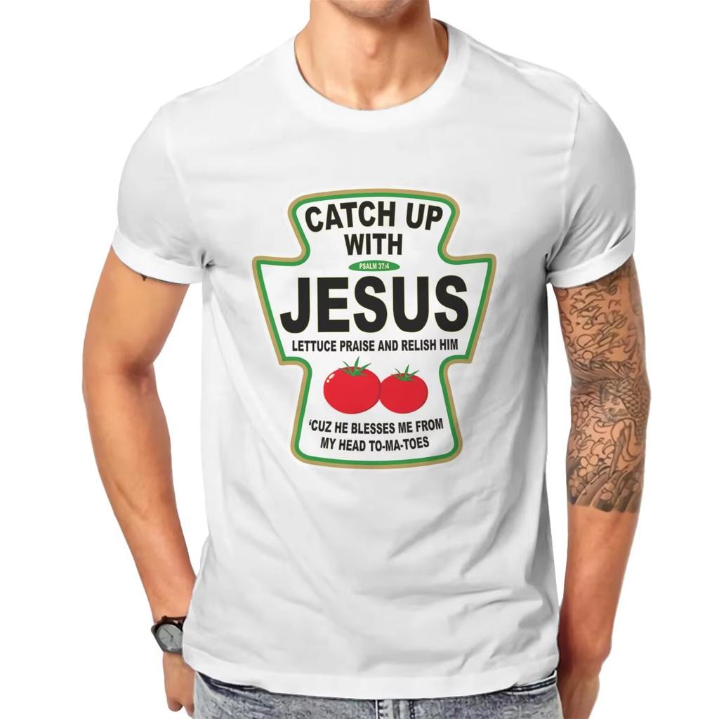 Христианская футболка с надписью Catch Up with Jesus Ketchup для мужчин, футболка на тему Христа, религии, повседневная, хлопковые принтованные топы, унисекс