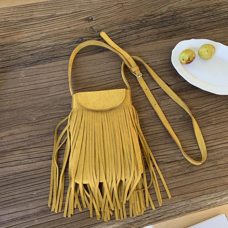 Bohemian ethnic style fringed retro deerskin velvet matte crossbody shoulder mobile phone bag mini small bag