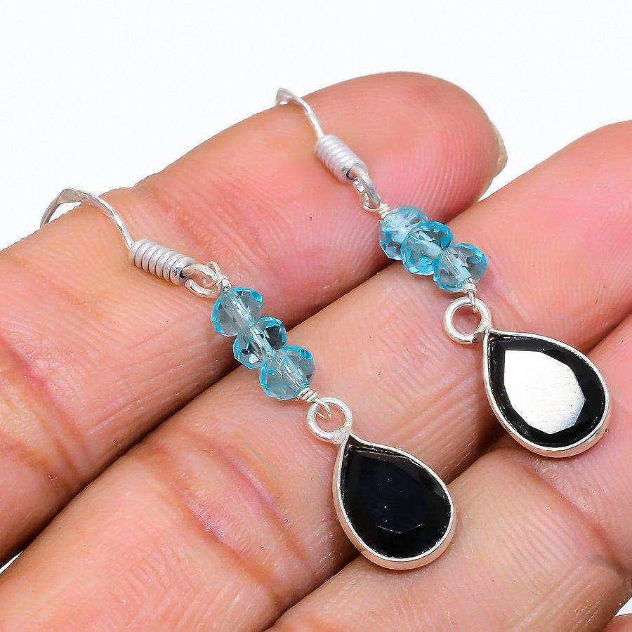 Black Spinel, Blue Topaz Gemstone 925 Sterling Silver Jewelry Earring 1.65" GK-3608