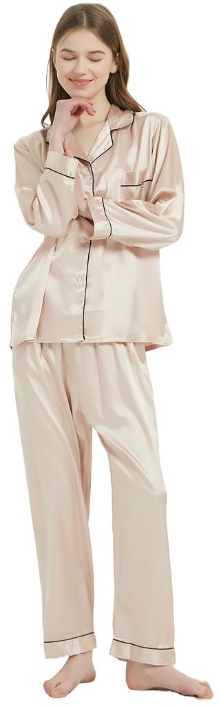 Pajamas Silk Satin Top and Bottom Set Room Wear Loungewear Long Sleeve Open Front Light Pink L [KUMASEN] Women's