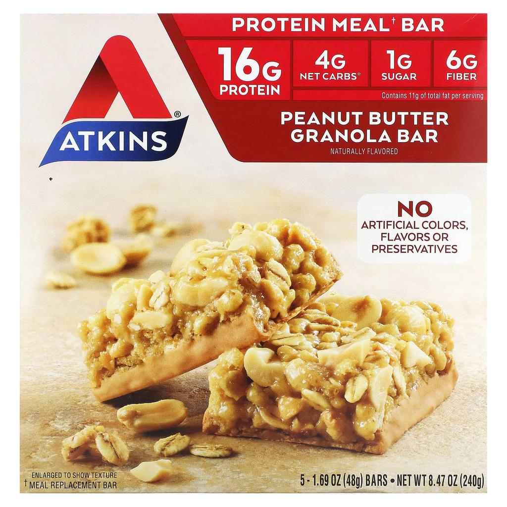 Atkins Protein Meal Bar, Peanut Butter Granola Bar, 5 Bars, 1.69 Oz (48 G) Each