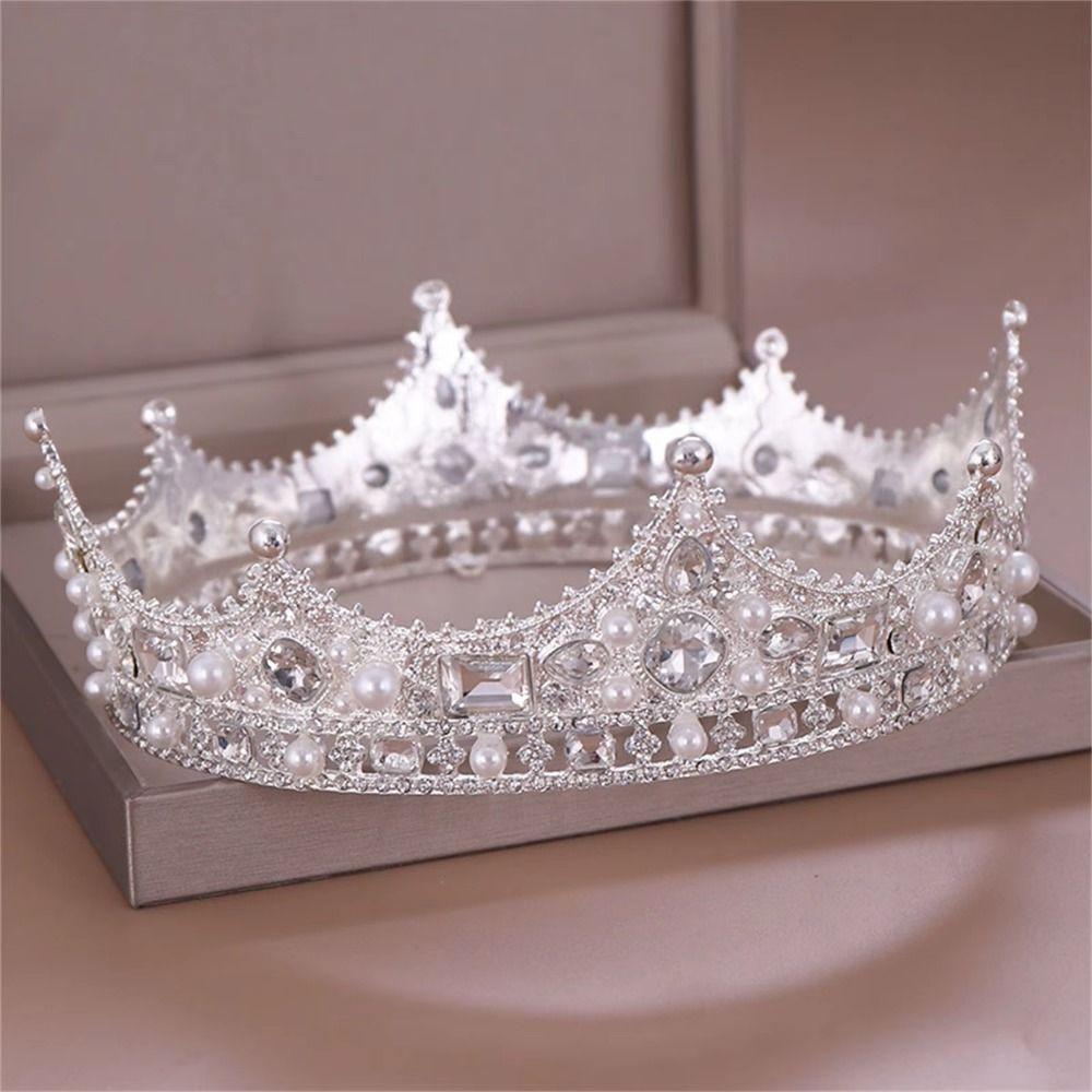 Round Shape Vintage Baroque Crown Rhinestone Wedding Hair Jewelry Bridal Tiara Crown Prom Party