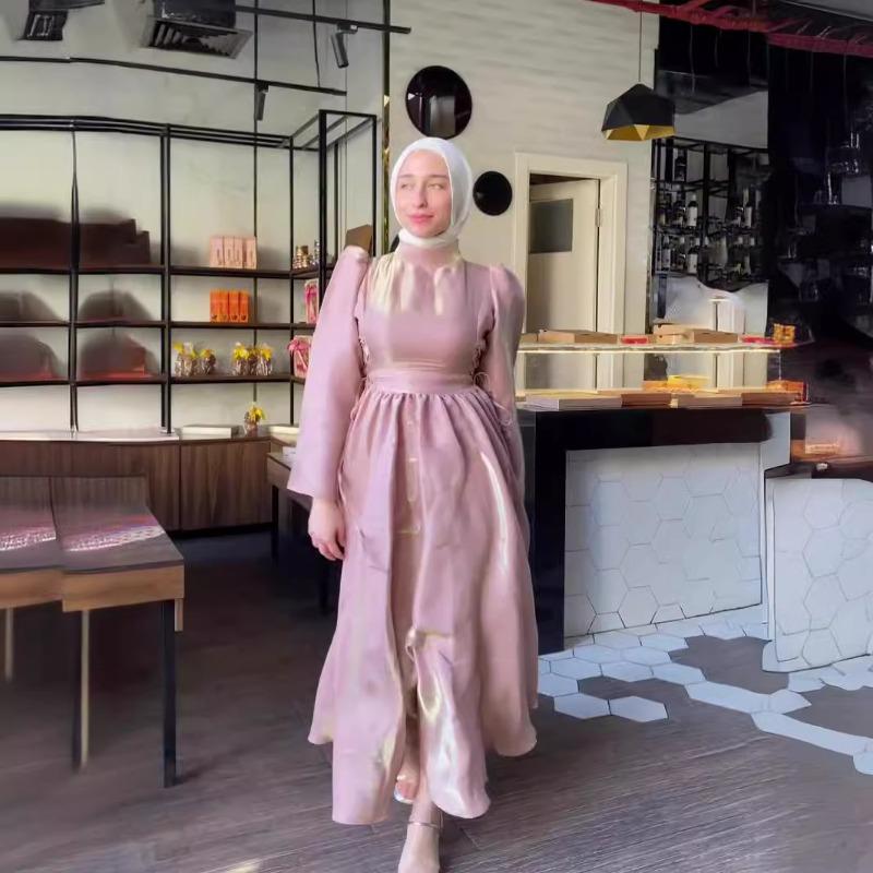 Атласные длинные платья с рукавами-фонариками и длинными рукавами с тонкими завязками