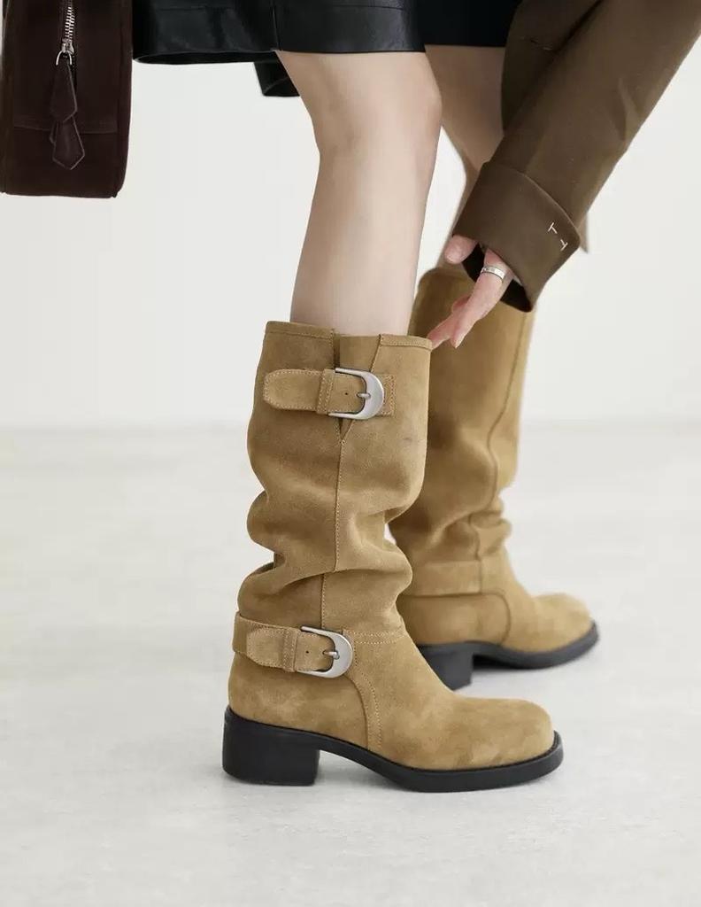Версия из коровьей кожи~ Контрастные ботинки с пряжкой на ремне, женские ретро замшевые ботинки-рыцари с вставками, стройнящие ботинки на устойчивом каблуке Maillard