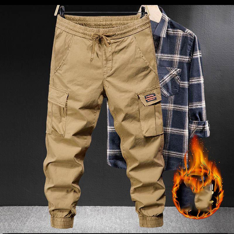 Зимние брюки-карго для мужчин с флисовой подкладкой, толстые, теплые, облегающие, уличные, повседневные, хлопковые, термобрюки