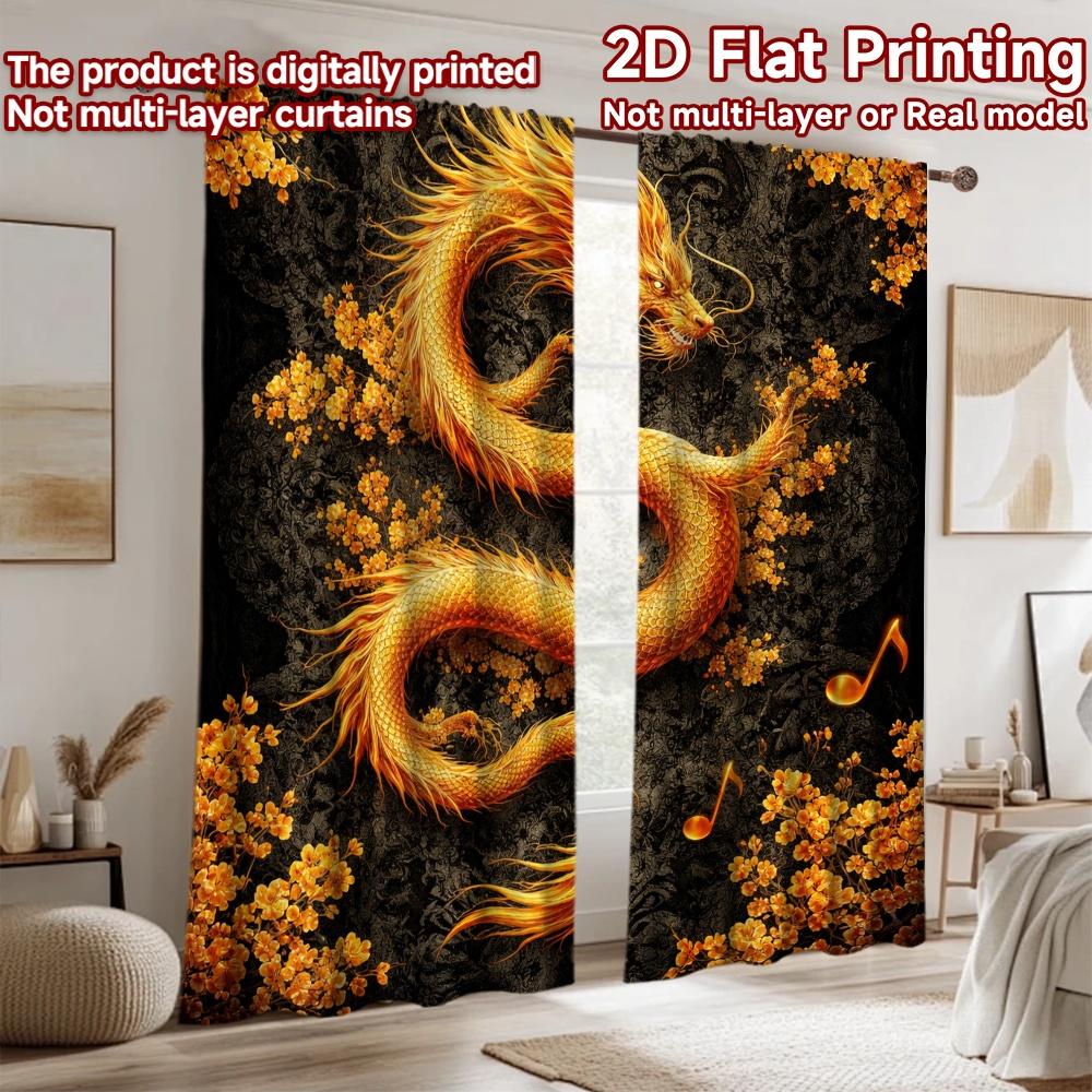 2D flat printing 2pcs Curtain Scene Curtains Chinese Golden Dragon Digital Printed Polyester Drapes Holiday Decorations for Home