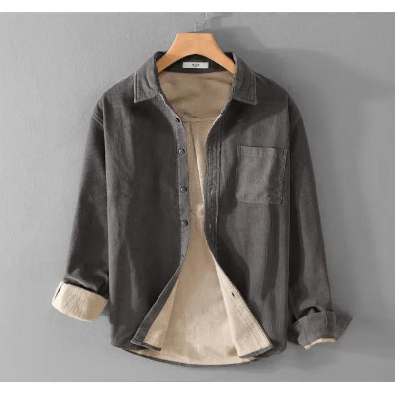 Зимние теплые мужские топы, повседневная повседневная простая мужская одежда, однотонная, с отложным воротником, длинным рукавом, вельветовая флисовая рубашка с карманом