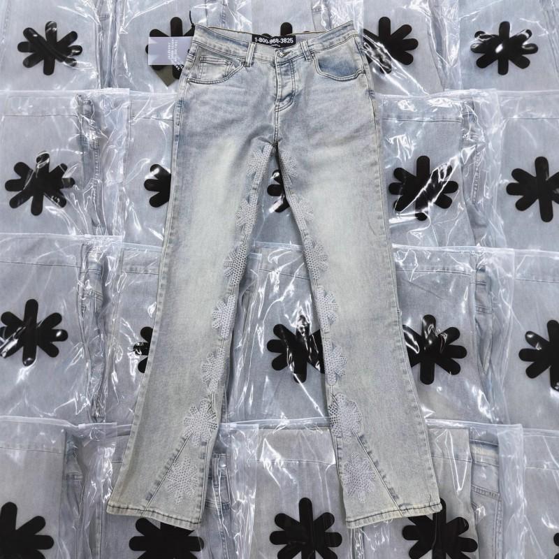 Lostshdws Streetwear Denim Jeans With Sunflower Embroidery Rhinestone Detail Washed Micro-Flare Fit Men