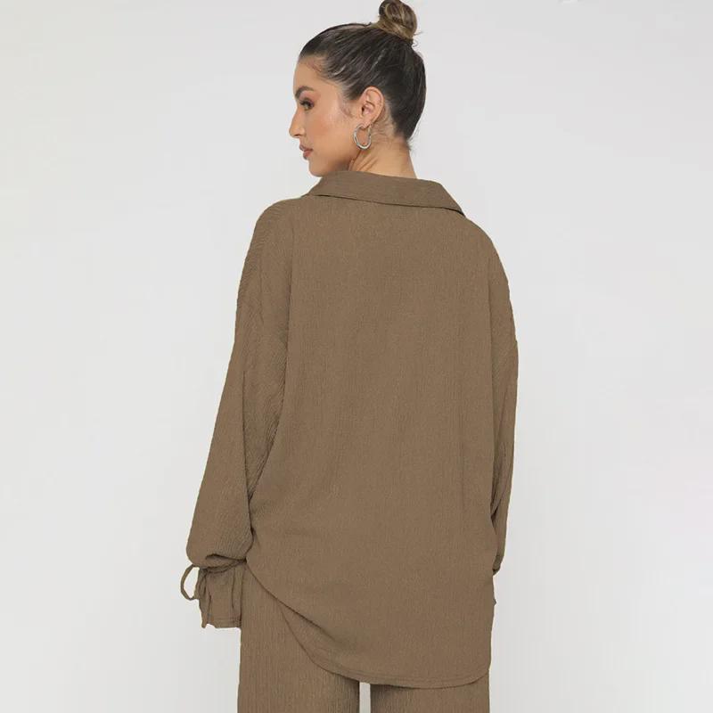 Европейский и американский однотонный топ с длинными рукавами, лацканами, завязкой и брюками на осень/зиму