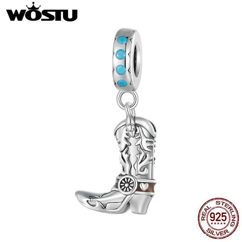 WOSTU Ковбойская шляпа из стерлингового серебра 925 пробы, очаровательные бусины, ковбойские кожаные сапоги, подвеска для браслета, ювелирные изделия своими руками