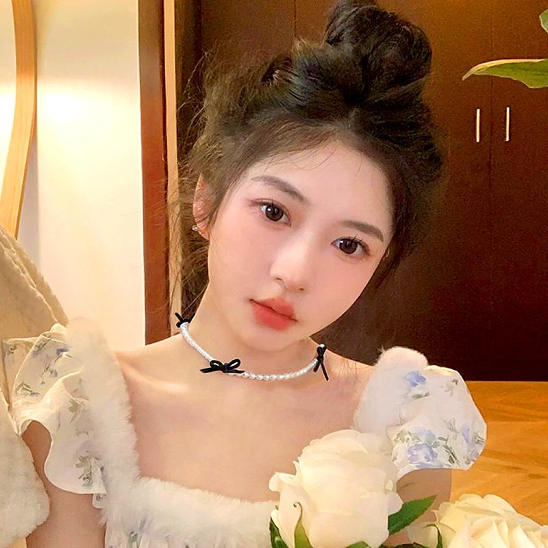 Women Pearl Bowknot Necklace Choker Elegant Ribbon Black Sweet Y2K Jewelry Adjustable