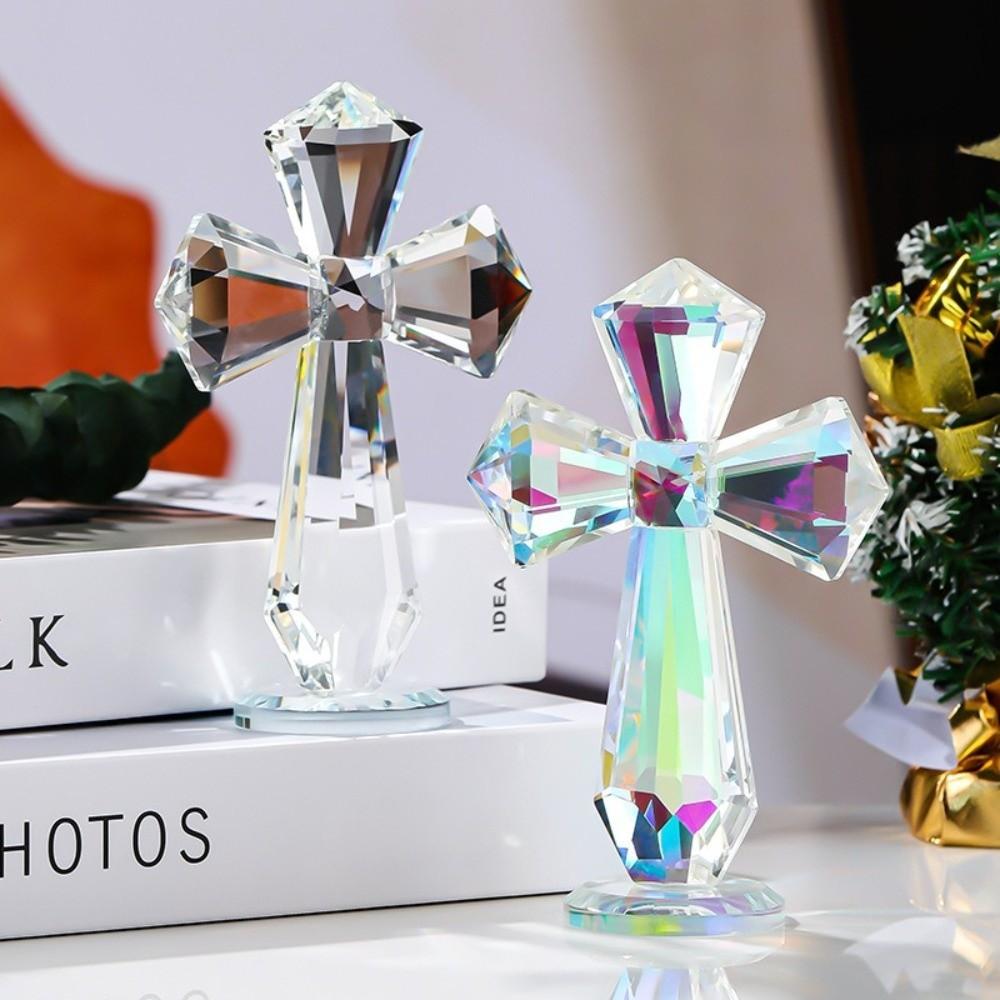 Hand-Carved Crystal Cross 360° Faceted Design Standing Ornament Spiritual Gift Christians AB Color Crystal Religious Figurine