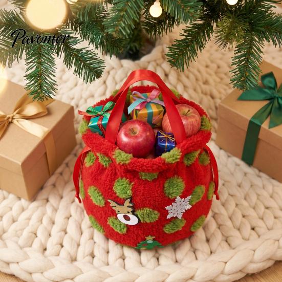 Winter Festival Treat Bags Christmas Plush Gift Bag with Drawstring, Soft Santa Sack for Candy Snowflake Pattern Storage Apples Presents, Reusable