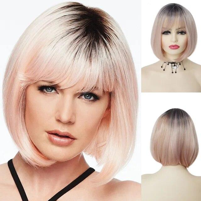 Короткий парик Боб Синтетические шелковистые прямые волосы с челкой для белых женщин Косплей Лолита Натуральный красивый розовый парик
