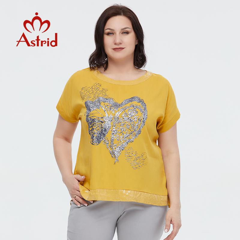 Летняя женская футболка Astrid, новинка 2023 года, хлопково-льняной топ, футболка большого размера с короткими рукавами, модная женская одежда с принтом и пайетками