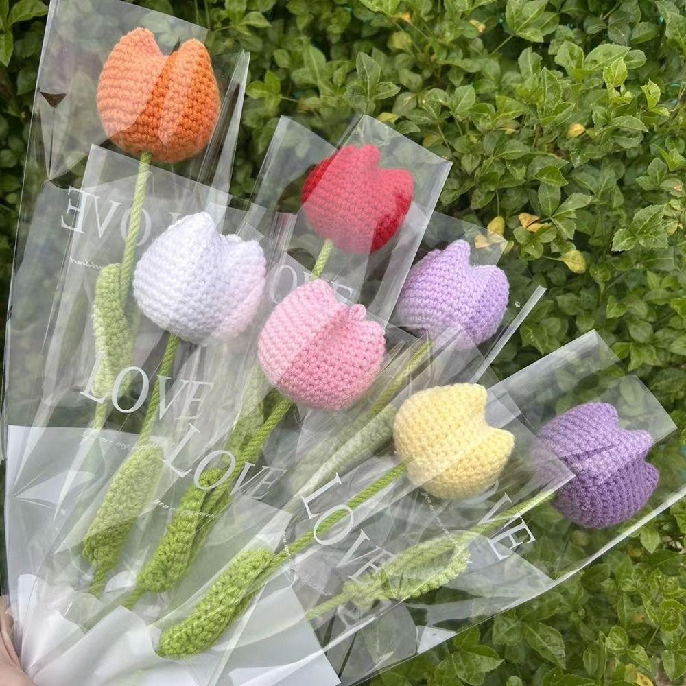 Hand-Knitted Knitting Flower Tulips Preserved Flower Simulation Flower Fashion Flower Bouquet  Home