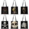 Dark Black Cool Skull Print Linen Tote Handbag Eco Reusable Bags For Women Traveling School Shoulder Bag Foldable
