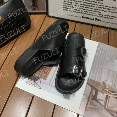 Летние односложные тапочки женская одежда новая пряжка на ремне модные повседневные сандалии с толстой подошвой удобные тапочки на плоской подошве