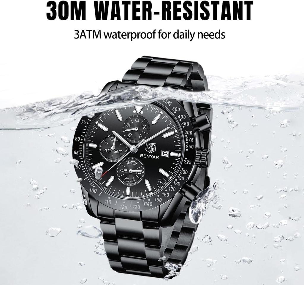 Benyar Men's Chronograph Analog Watch 30M Water Resistant Business Stylish Formal Leather Band Silver Black Quartz Gift