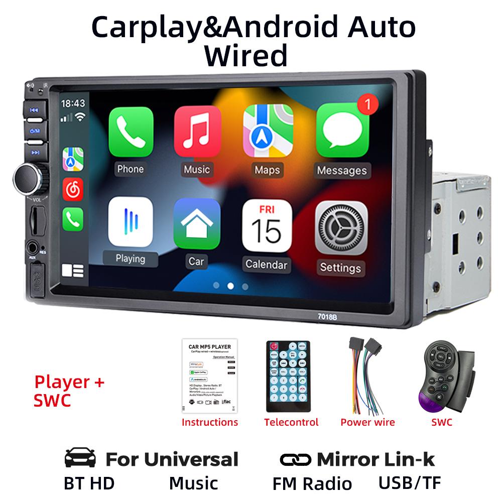 HIPPBQCC Автомагнитола 7" 1 DIN Carplay Android Auto Мультимедийный плеер HD Сенсорный экран FM AUX Вход Bluetooth MirrorLink Авторадио