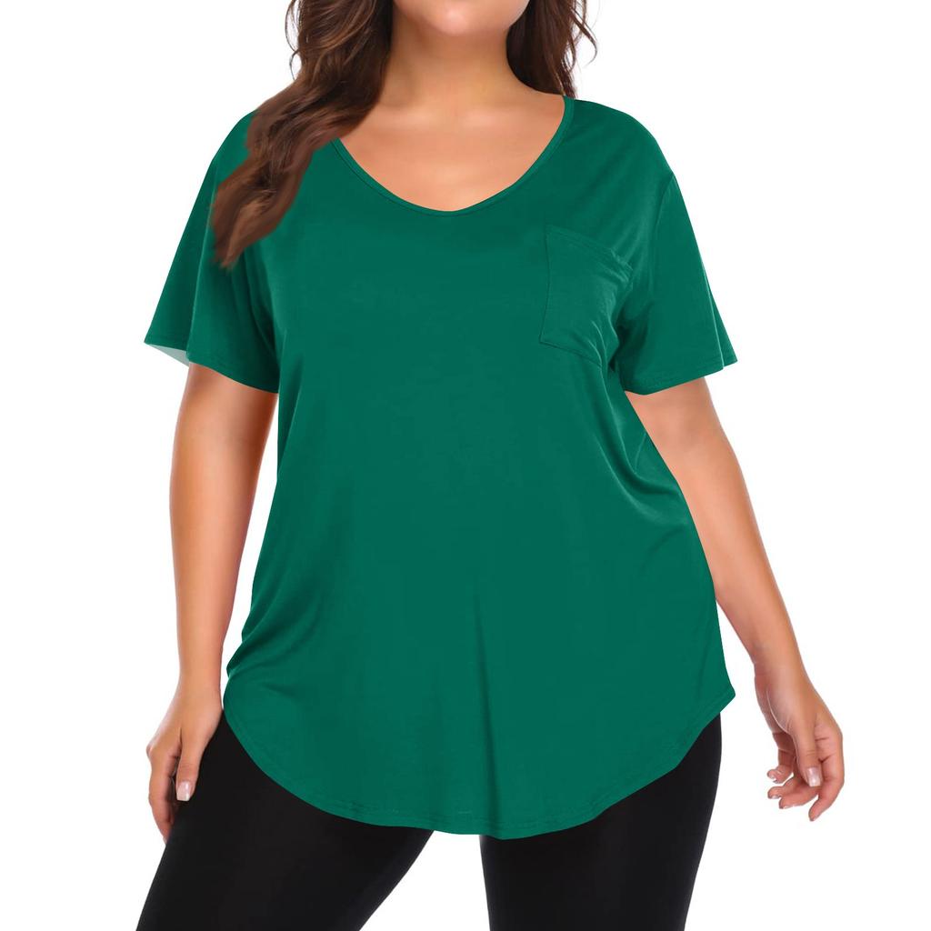 Women's Solid Color Large Size V-neck Top Loose Pocket T-shirt