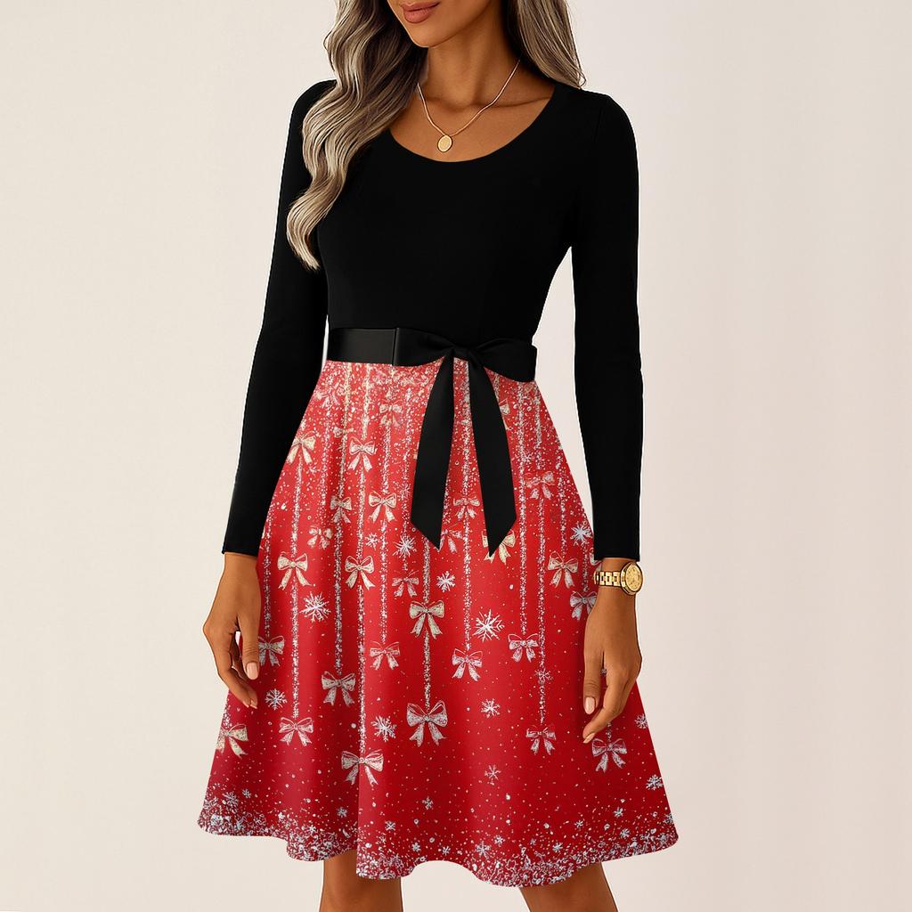 Women's Casual Fashion Long Sleeve Christmas Graphic Printed Vintage Long Dresses