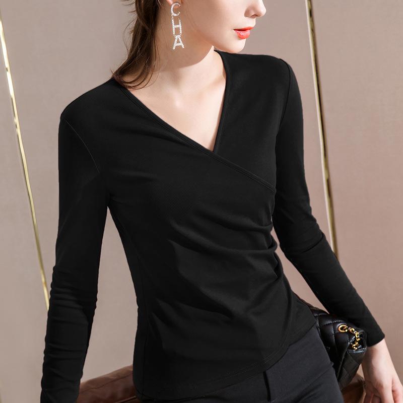 Футболка с длинными рукавами и крестообразным V-образным вырезом для женщин, новая женская хлопковая футболка, сексуальный топ с ключицами, интригующий дизайн