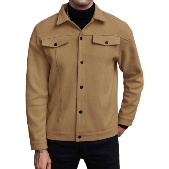 Мужская куртка шерстяная с лацканами, длинным рукавом, однотонное пальто с накладными карманами, однотонное осенне-зимнее деловое пальто