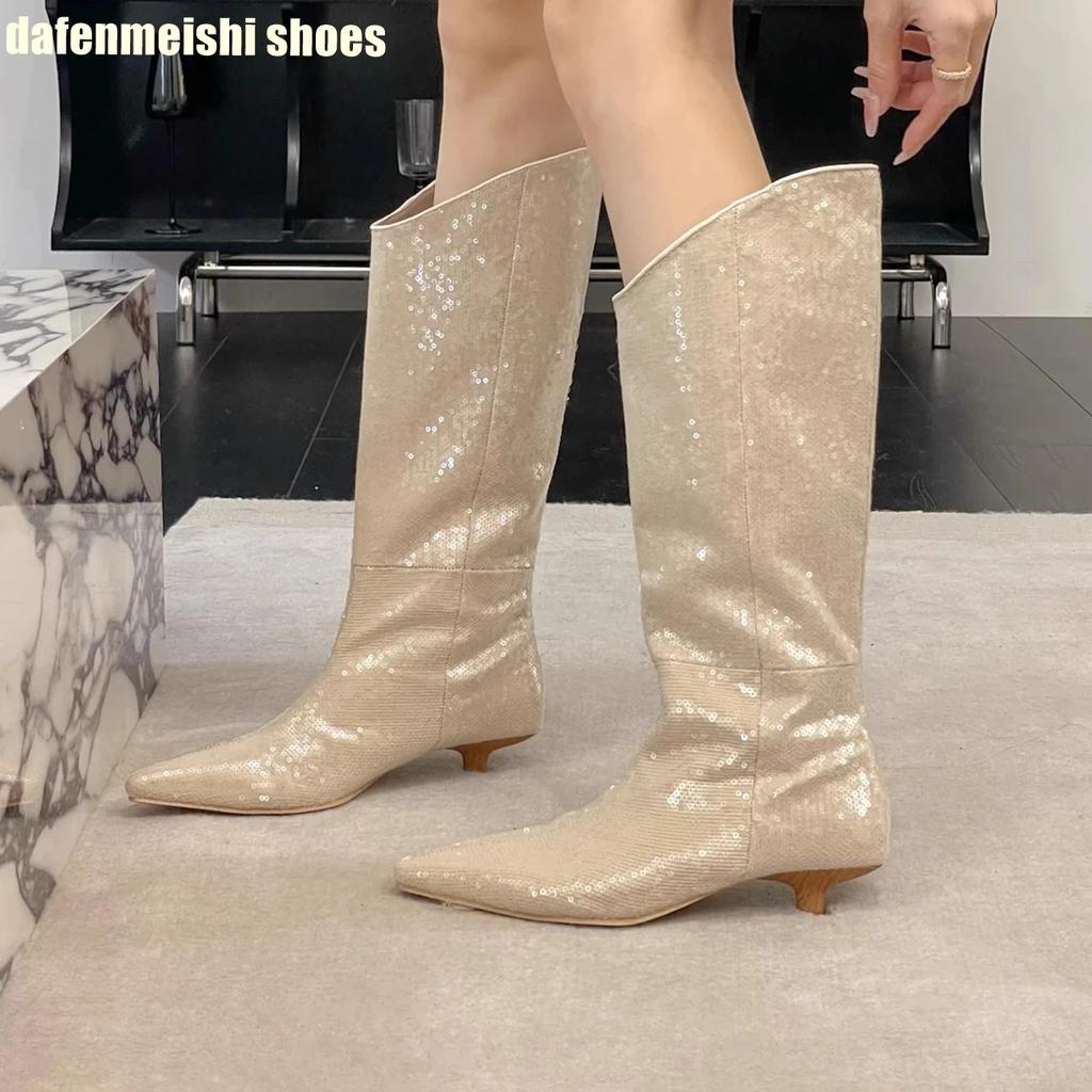 Длинные сапоги с острым носком для женщин Осень Зима 2025 Новые Блестящие С пайетками Сексуальные Сапоги до середины икры Сапоги на каблуке-рюмочке Блестящие Рыцарские сапоги