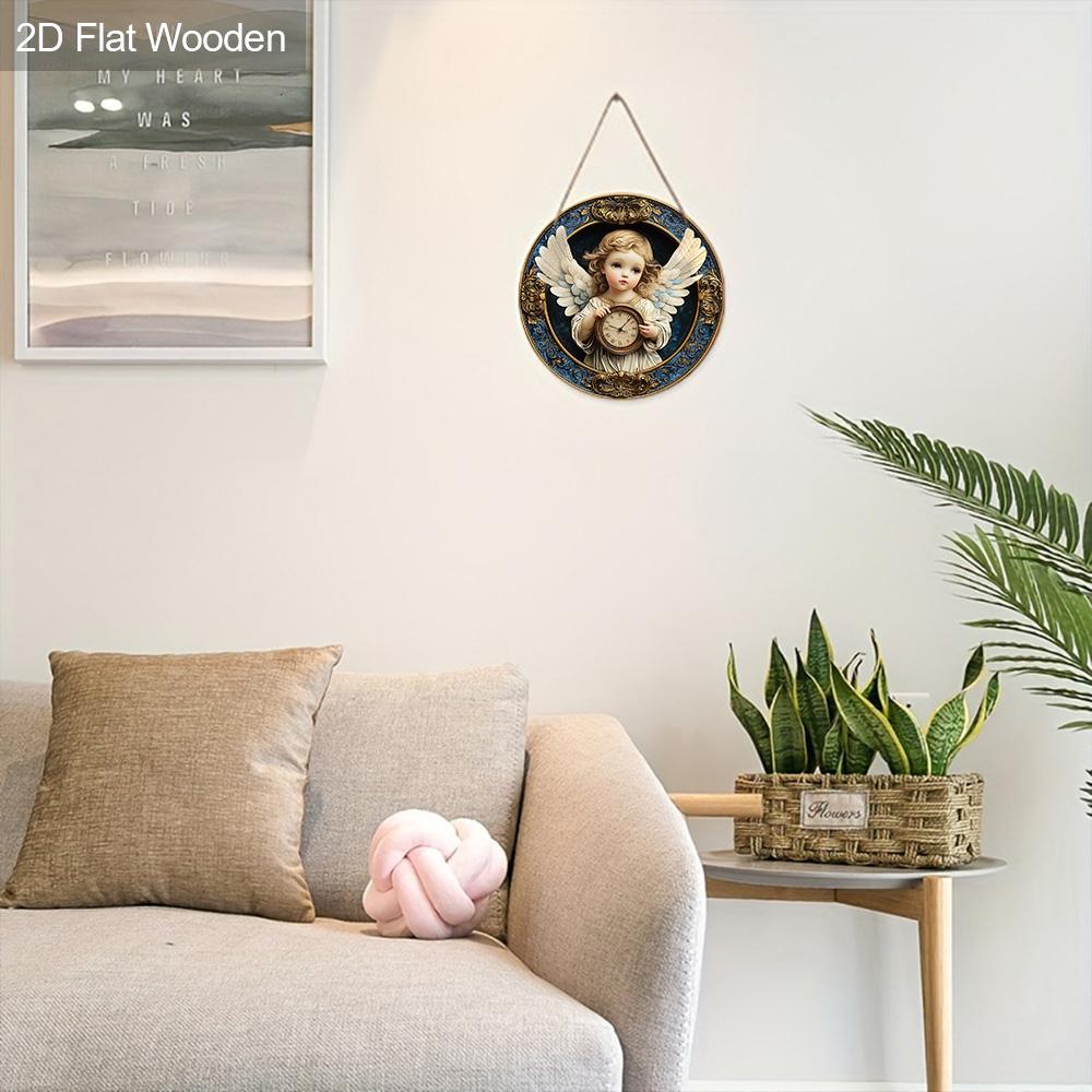 Wooden Sign Adorable Angel & Clock Pattern - Charming Round Artwork for Front Door Wall Home Hanging Decoration