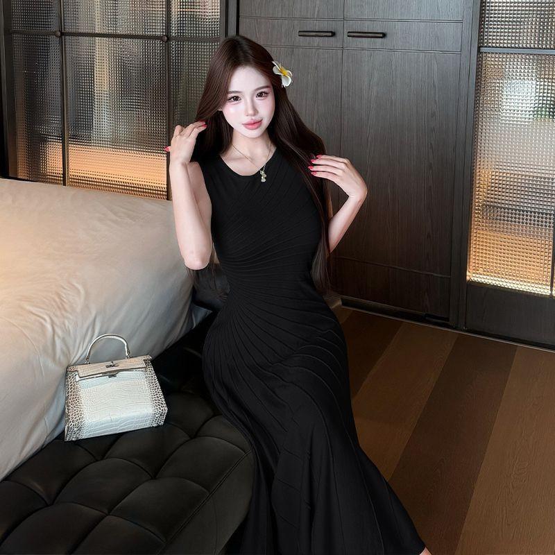 2026 Womens Asymmetrical Draped Wrap Waist Knit Midi Dress Sleeveless High-Waisted Bodycon Fit Mint Black