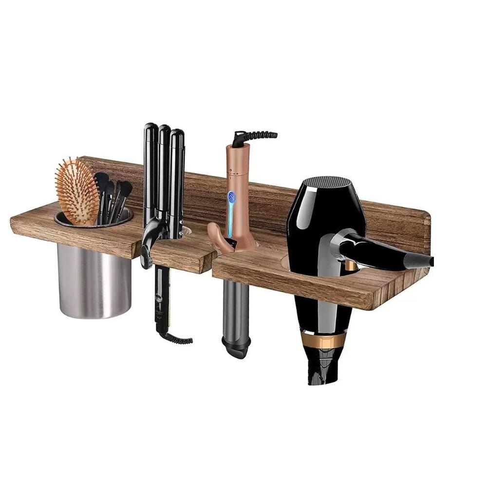 Компактный держатель для фена Деревянный держатель для выпрямителя Винтажная полка для плойки для дома