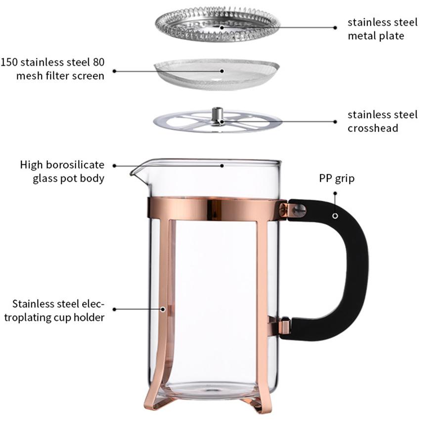 French Press Coffee Maker Coffee Press Heat Resistant Borosilicate Glass Coffee Press Cold Brew Coffee Pot Tea Press for Kitchen
