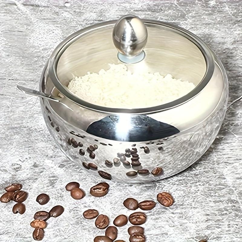 1 шт. 330 мл (10 унций) Сахарница из нержавеющей стали со стеклянной крышкой и ложкой - Идеально подходит для аксессуаров кофейного бара и кухонного хранения