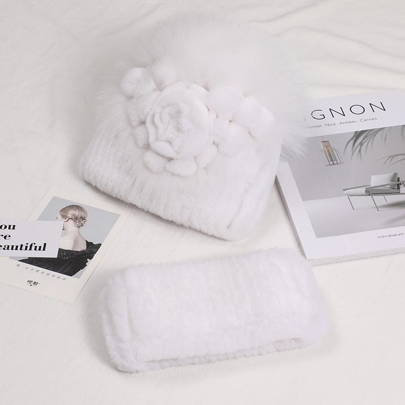 Real Rex Rabbit Fur Hat Women Winter Thickened Ear Protection Caps Knitted Scarf Hat Set Natural Fur Hat With Fox Fur Balls