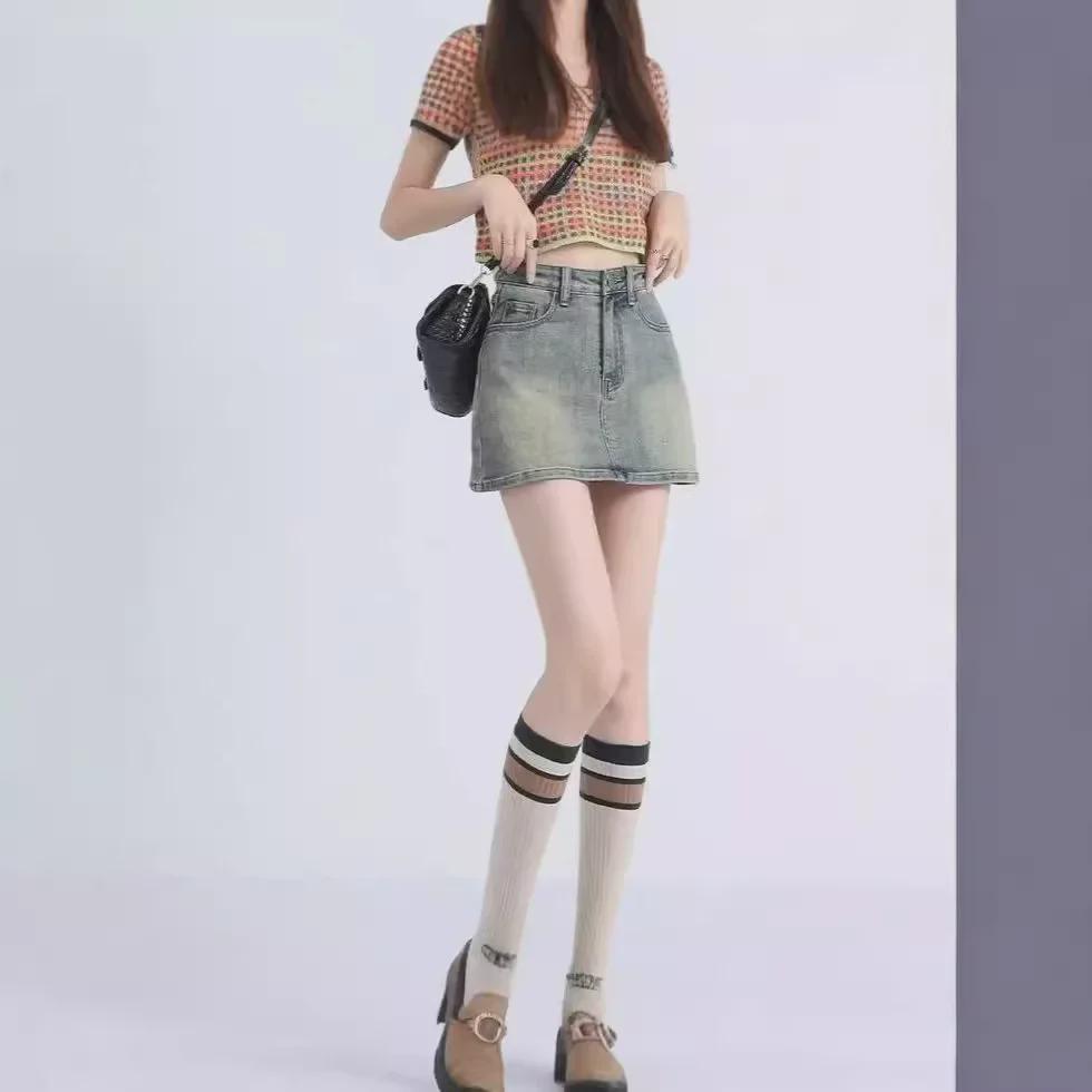 Юбка-трапеция из денима с высокой талией в стиле ретро — защита от воздействия внешней среды, облегающий крой для лета