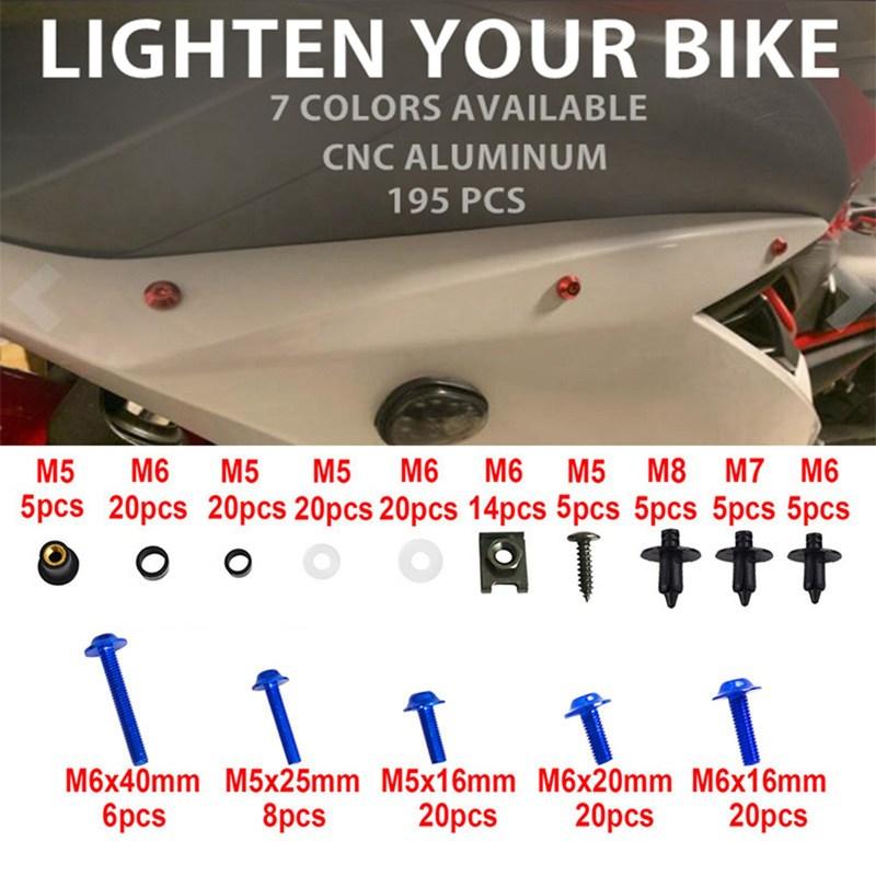 195PCS Motorcycle Fairing Bolt Screw Nut Kit Bodywork Screws Motorcycle Universal Kit Blue