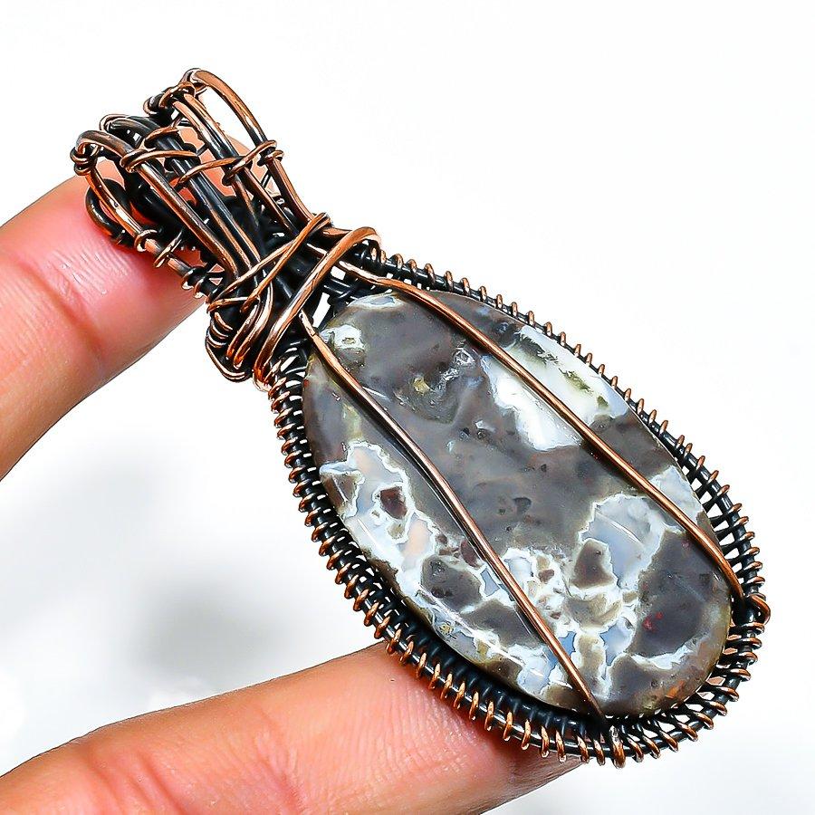 Аква Невада агат драгоценный камень ручная работа медная проволочная подвеска 2.56"