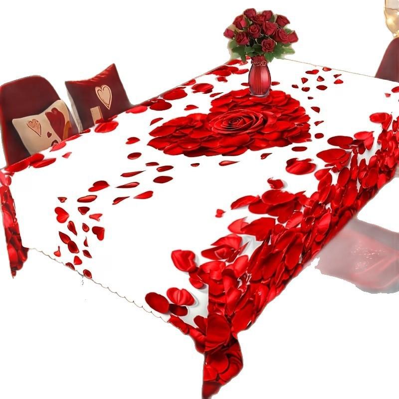 Elegant Heart-Shaped Red Rose Tablecloth Dining Table Waterproof Oil-Resistant Washable Rectangle Cover
