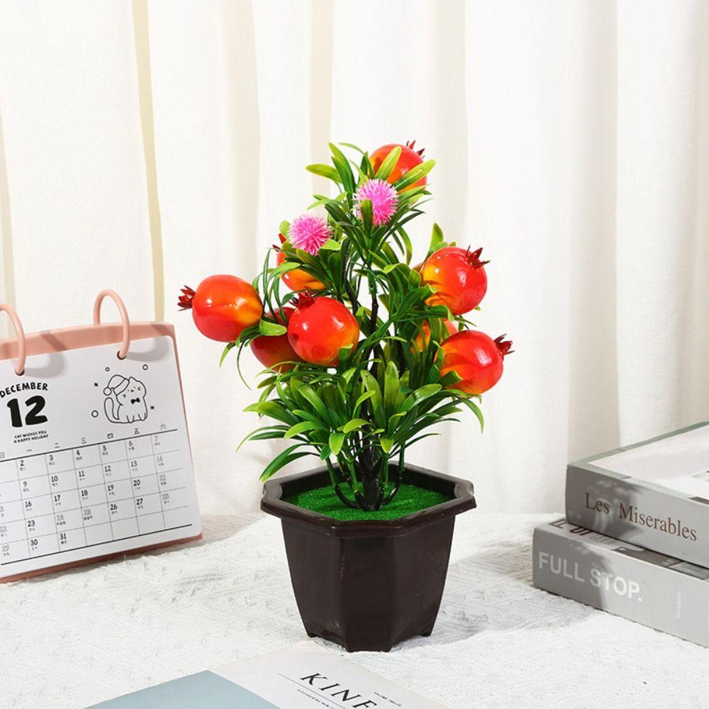 9-heads Artificial Fruit Plant Potted Peach Pomegranate Fake Plant Indoor Office Table Decor