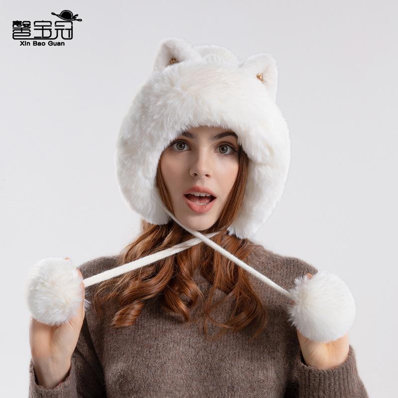 Милая зимняя вязаная шапка для женщин с мультяшными кошачьими ушками и помпонами, утепленная флисовая подкладка для защиты ушей для женщин