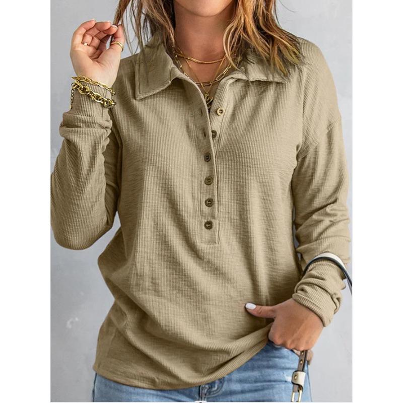 Autumn and Winter Solid Color Knitted Shirt Single breasted Flip Collar Loose Casual Top Women's Pullovers & Long Sleeves