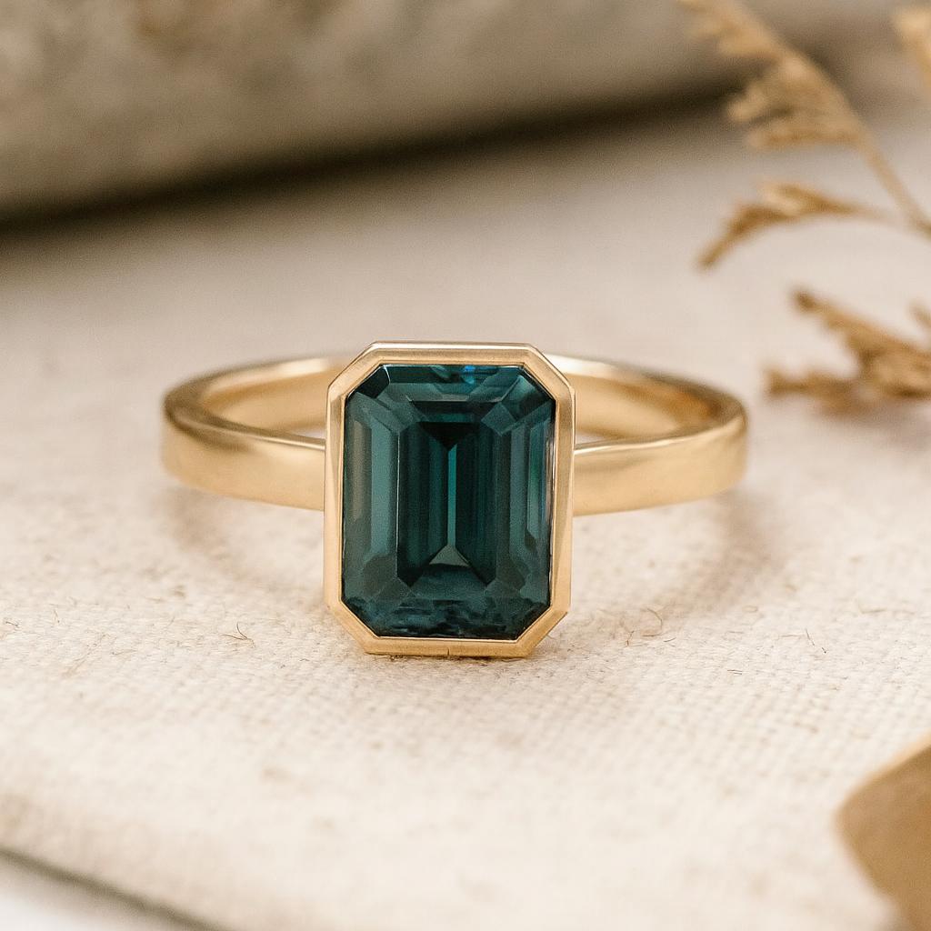 Emerald Cut Topaz Stone Engagement Ring, Bezel Set Yellow Gold Plated Band, Modern Bridal Jewelry, Promise Ring for Her