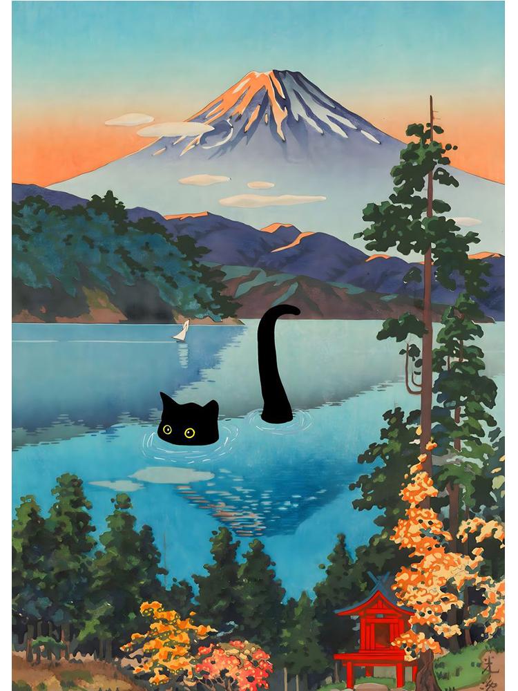 Винтажный Юмор Черный кот в лесном озере Холст Картина Забавный котенок Настенный художественный принт постер для гостиной украшения дома